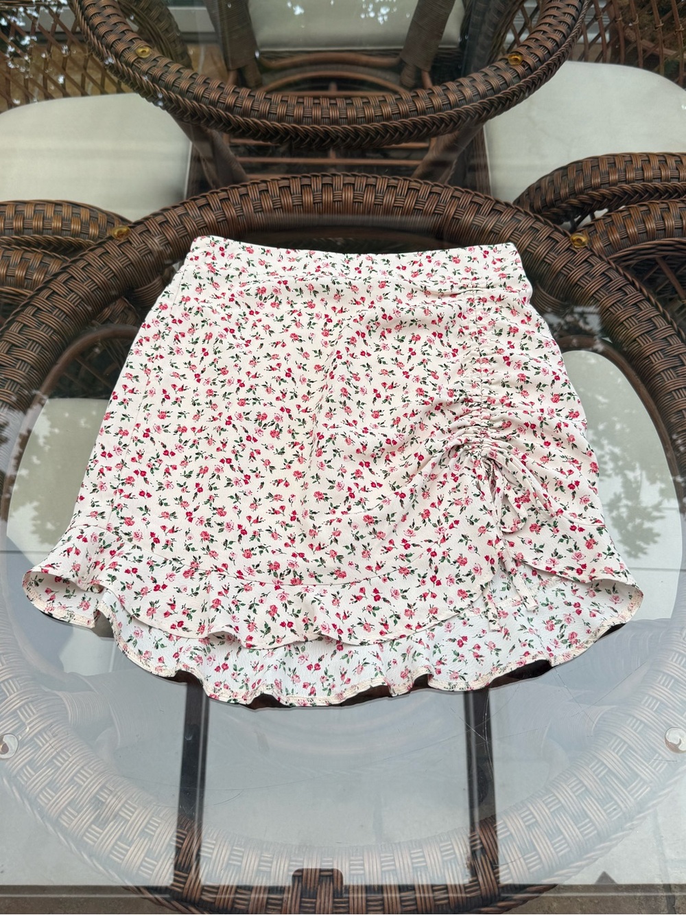 Floral Ruffle Mini Skirt - White with Pink & Green Floral